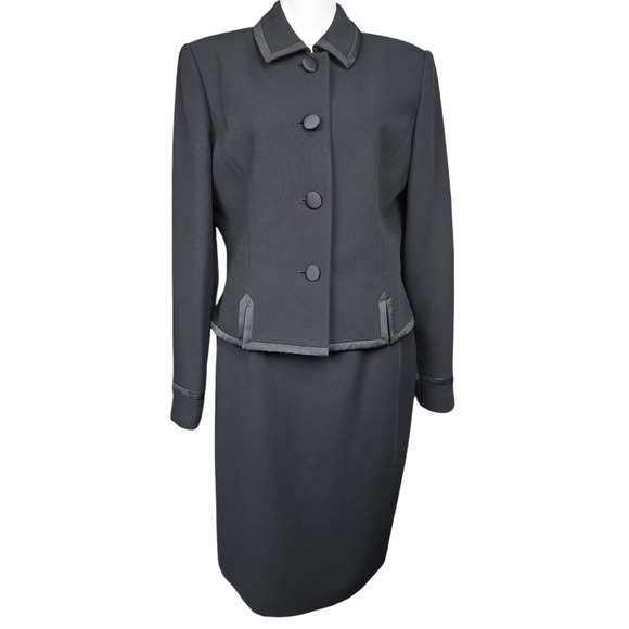 Vintage Kasper for ASL Skirt Suit Set Sz 6 Black Satin Like Trim Button Collared - Picture 1 of 14